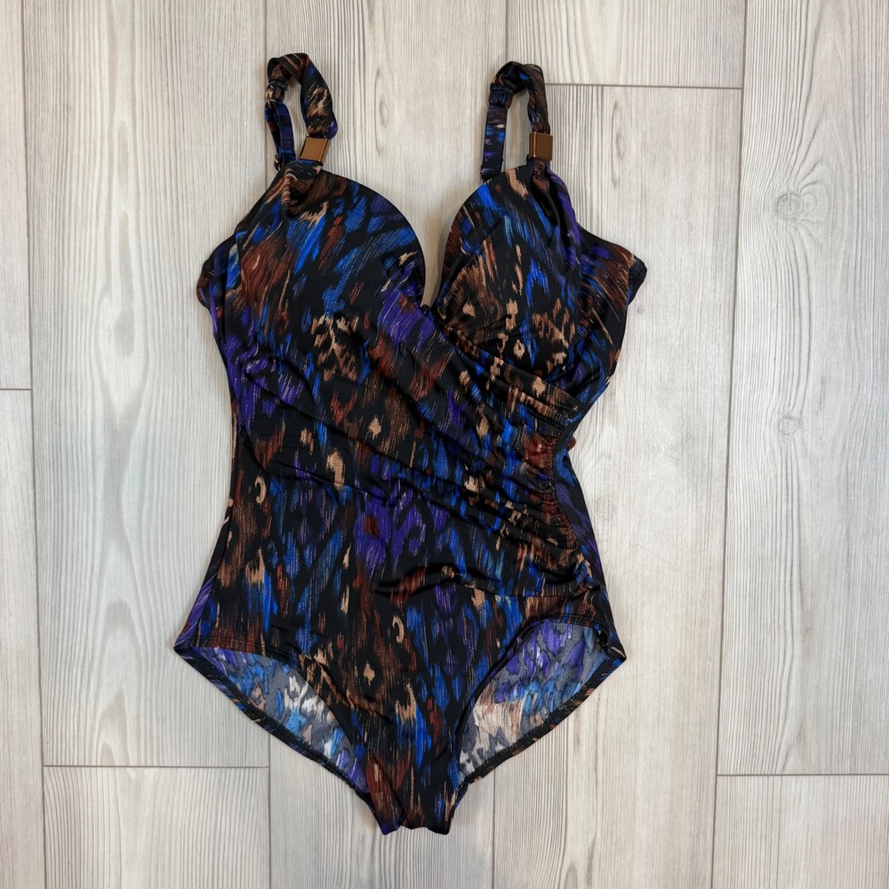 Miraclesuit Siren One Piece Swimsuit Blue Purple Ikat Print Ruched Sz 10 6566317